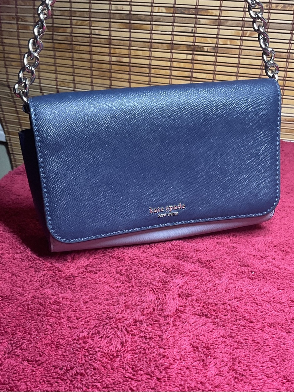 Kate Spade Saffiano Leather Color Block Crossbody Purse Navy Blue Chain Strap
